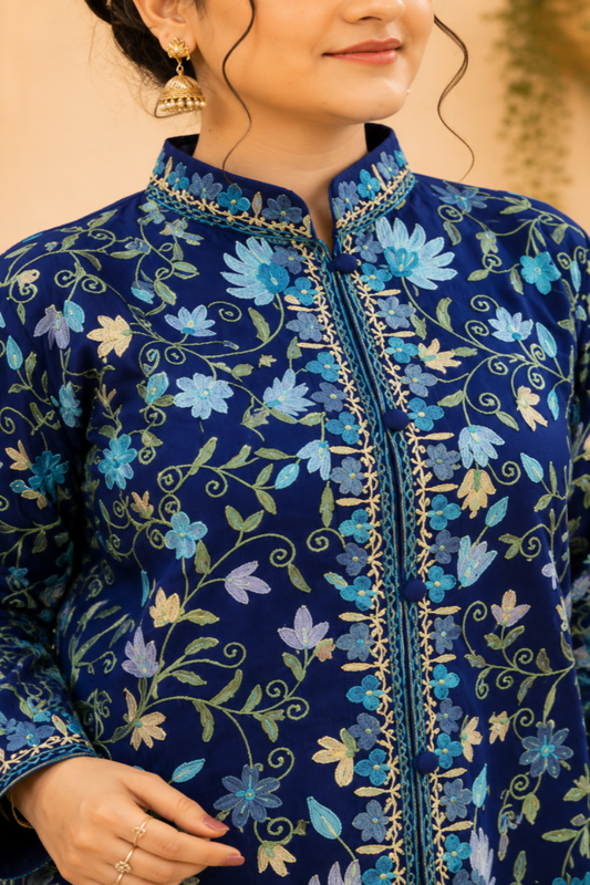 Navy Blue Aari Work Coat with Intricate Floral Motifs