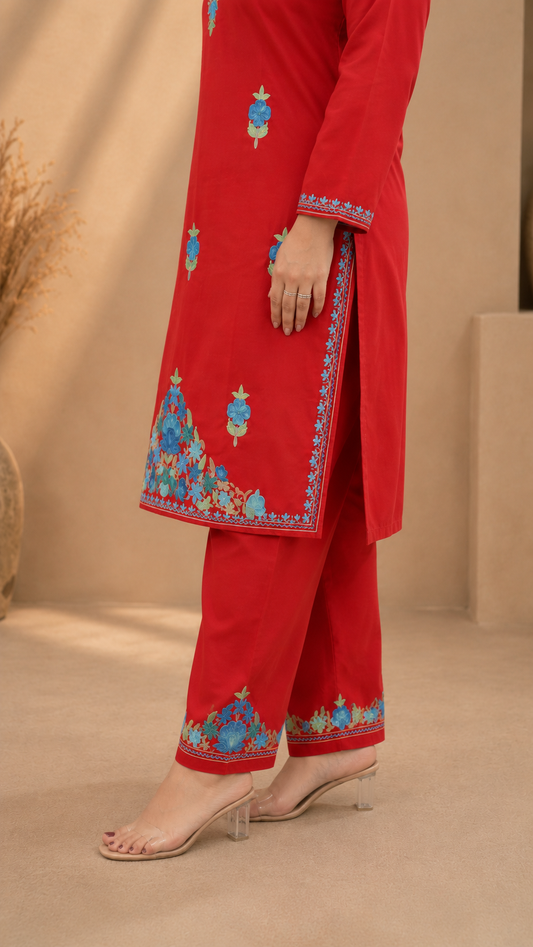 Handcrafted Aari Work Cord Set in Ruby Cotton with Floral Embroidery