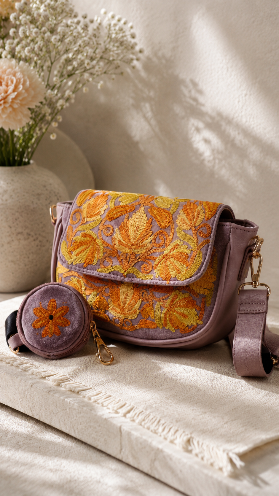 Lavender Sling Bag with Intricate Aari Work Motif