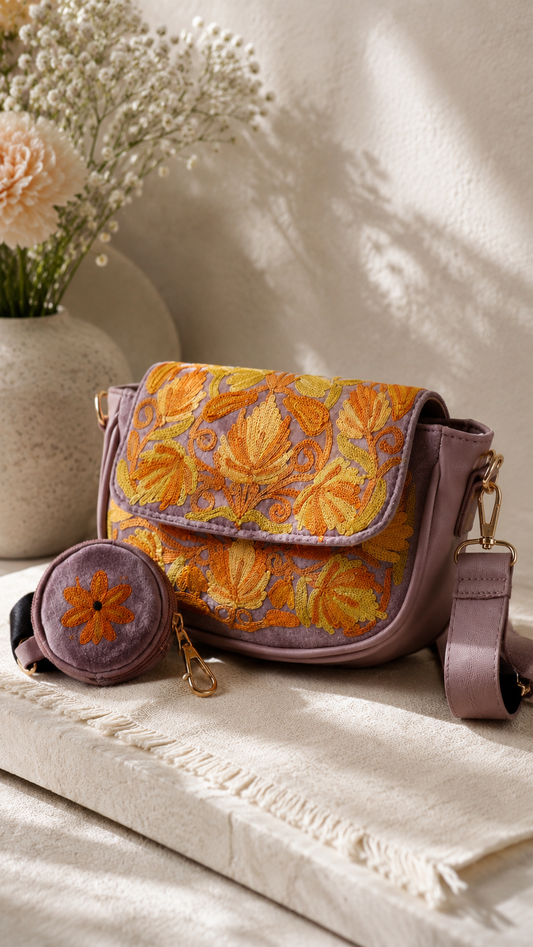 Lavender Sling Bag with Intricate Aari Work Motif