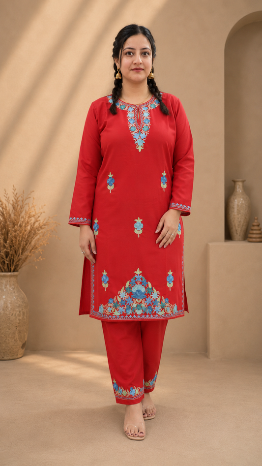 Handcrafted Aari Work Cord Set in Ruby Cotton with Floral Embroidery