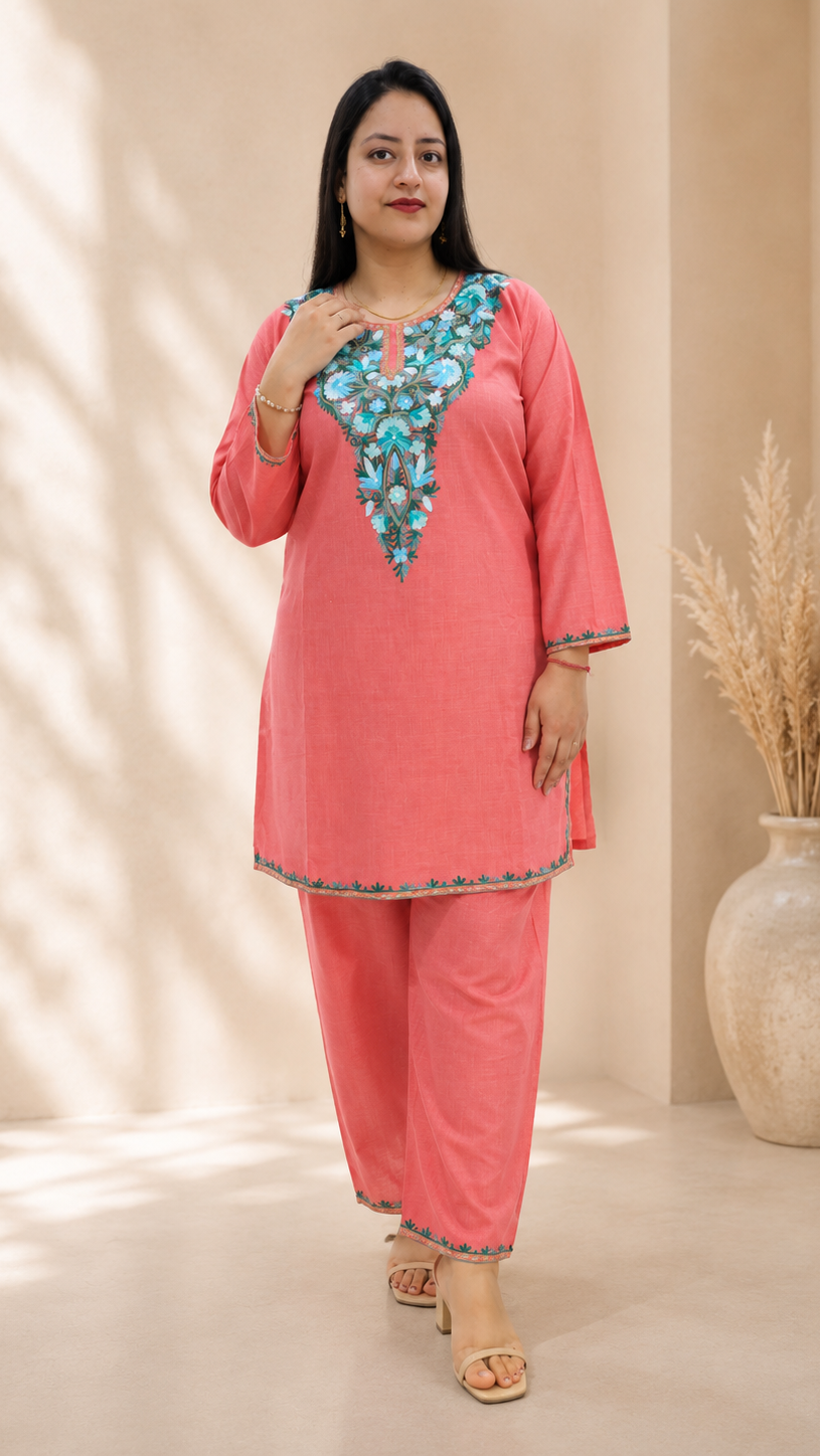 Sunlight Aari Work Cord Set in Ruby Cotton - Pink Blue