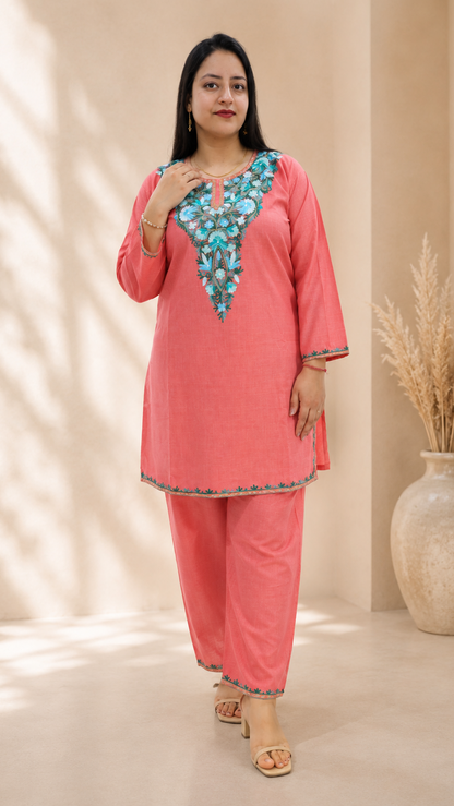 Sunlight Aari Work Cord Set in Ruby Cotton - Pink Blue