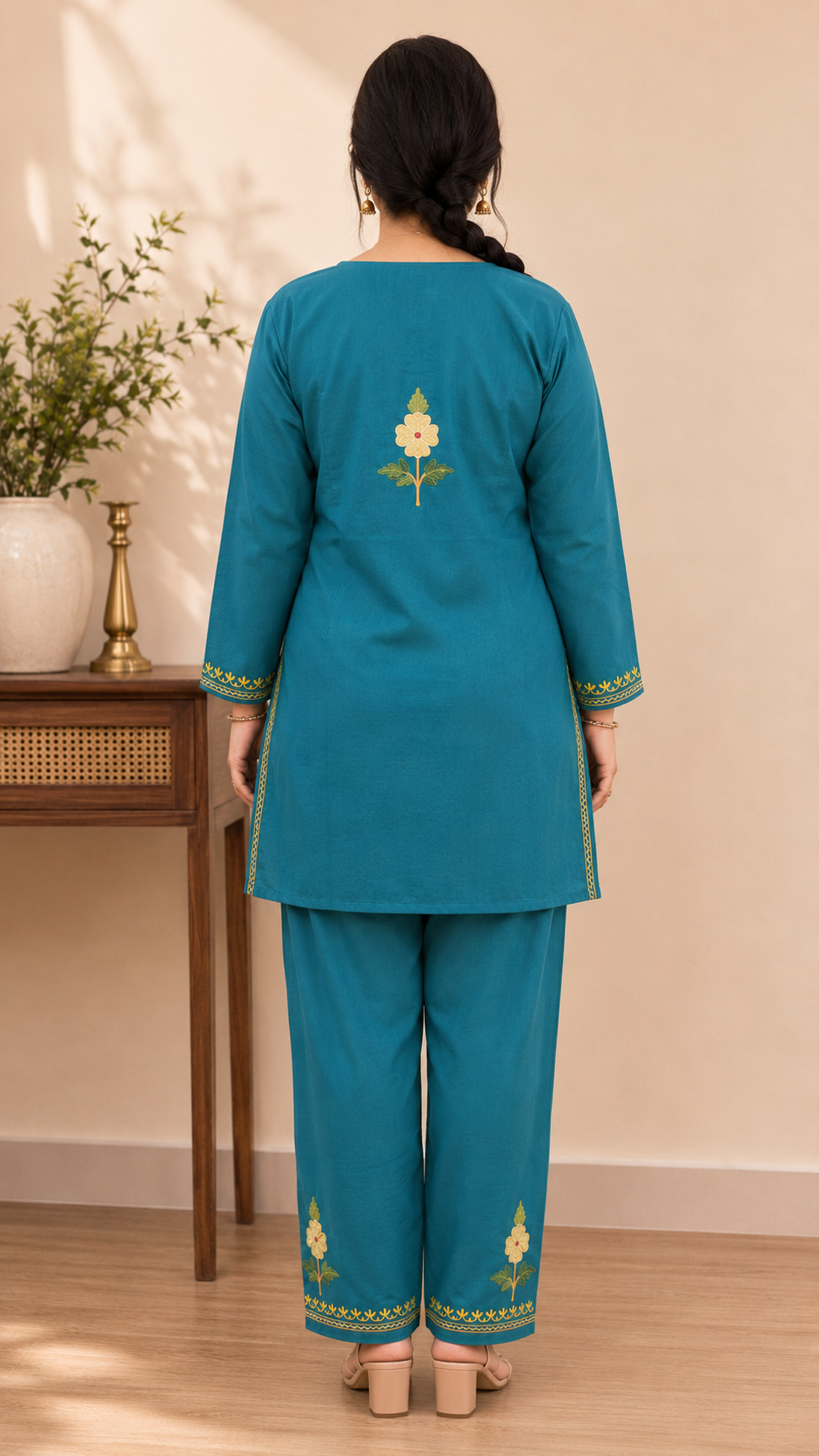 Teal Ruby Cotton Cord Set with Jali Daman Aari Work