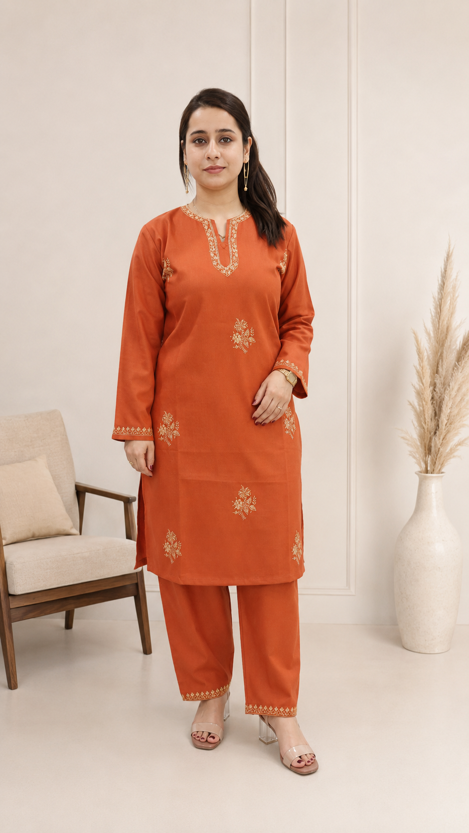 Rust Orange Sozni Handwork Cord Set in Ruby Cotton