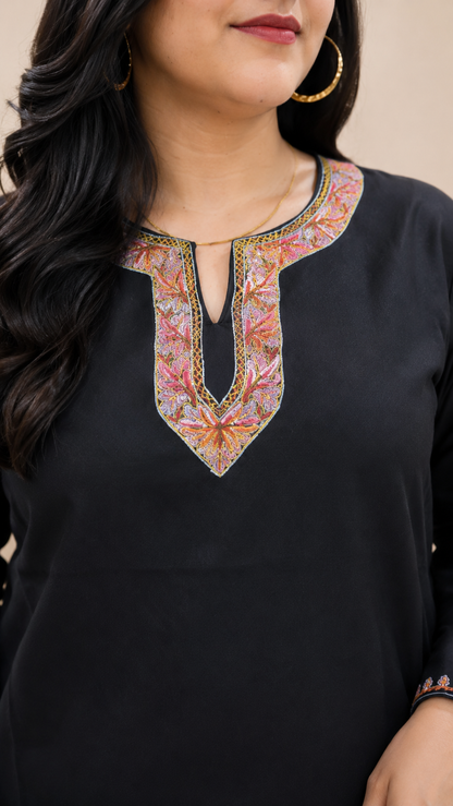 Sozni Handwork Cord Set in Black Ruby Cotton from Kashmir