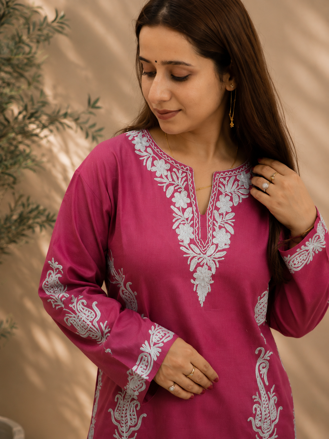 Light Pink Badami Side Aari Work Cord Set in Ruby Cotton