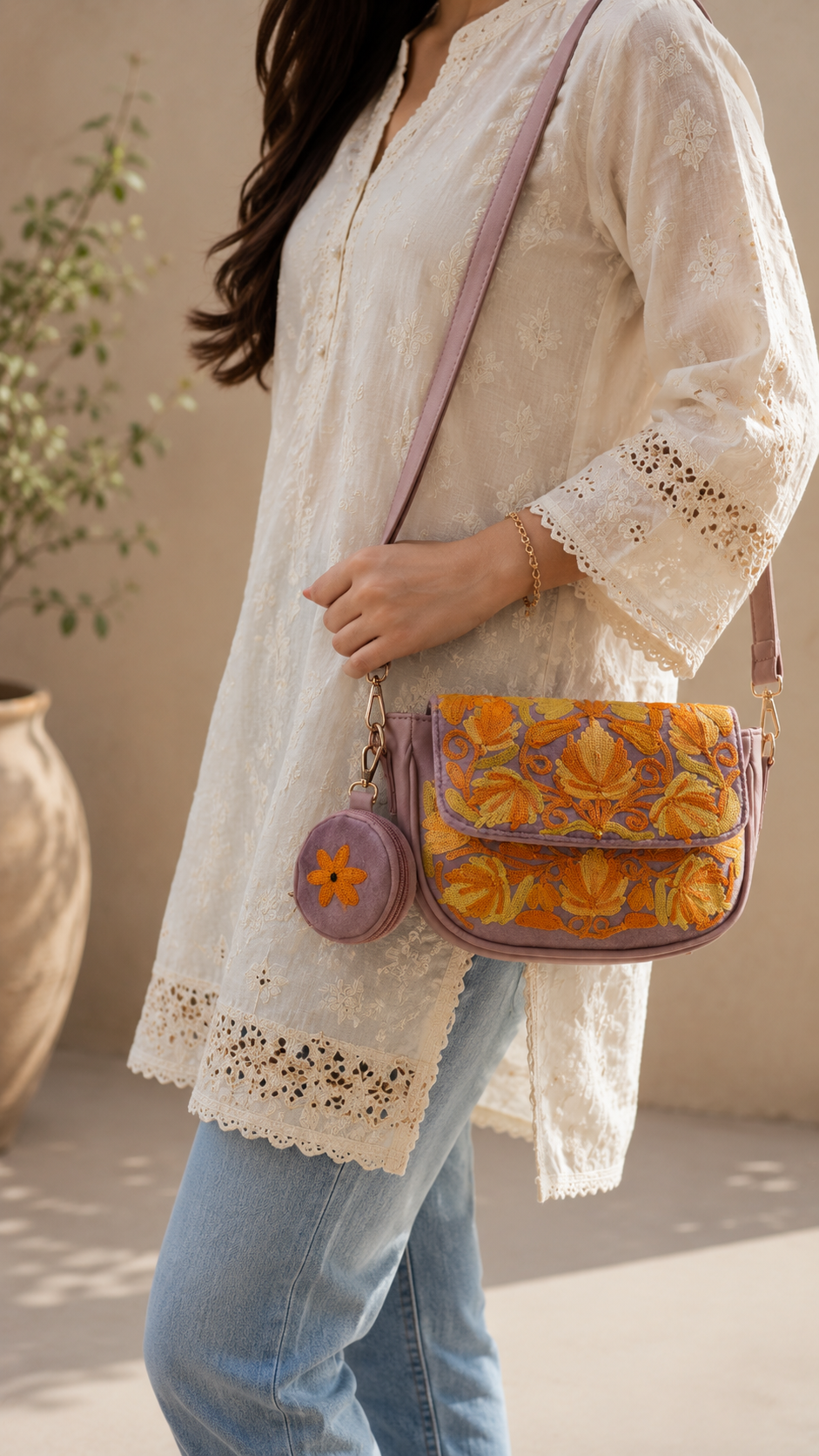 Lavender Sling Bag with Intricate Aari Work Motif