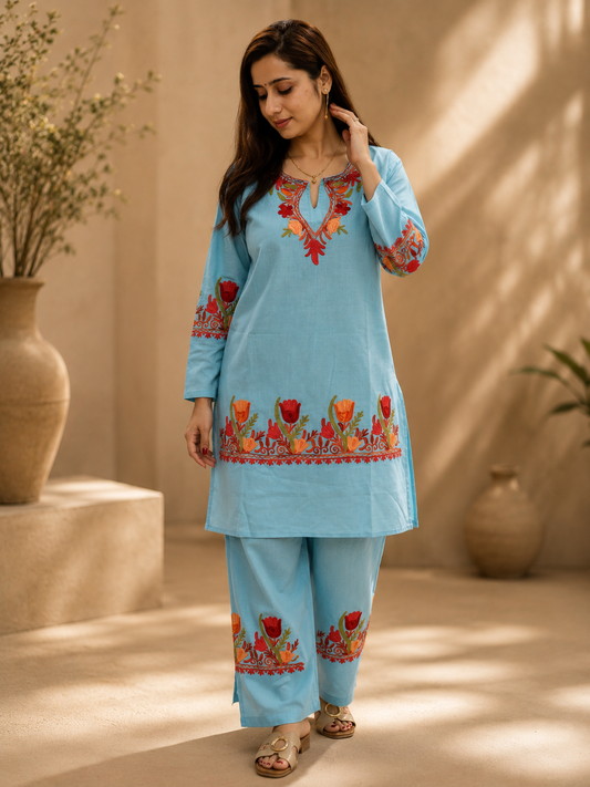 Sea Blue Tulip Aari Work Cord Set in Ruby Cotton
