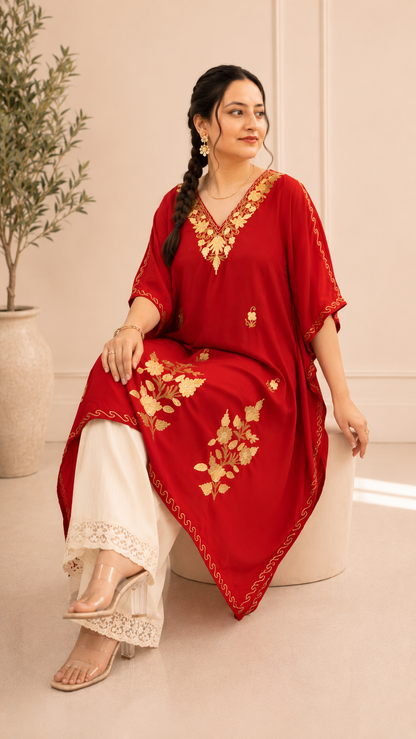 Aari Work Crepe Kaftan in Vibrant Red