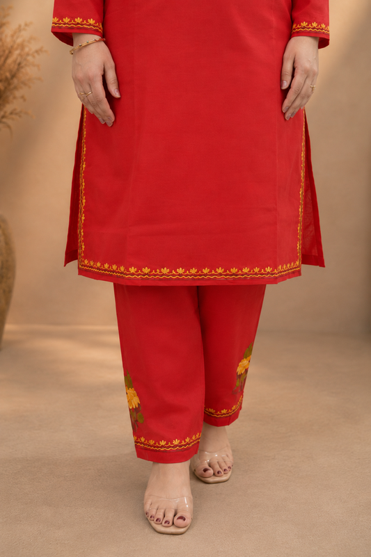 Aari Work Cord Set in Ruby Cotton with Floral Motifs