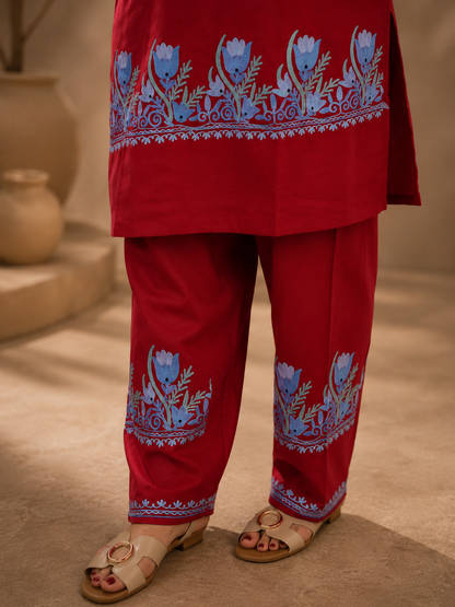 Ruby Cotton Tulip Aari Work Cord Set with Floral Motifs