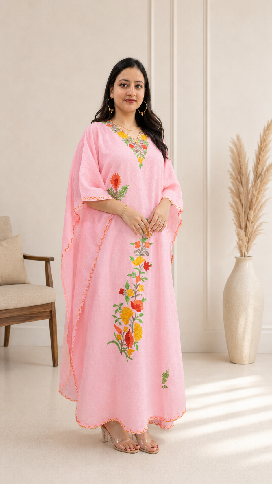 Light Pink Crushed Cotton Kaftan with Aari Work