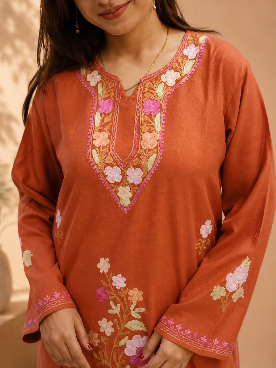 Rust Cotton Cord Set with Exquisite Flower Daman Aari Work