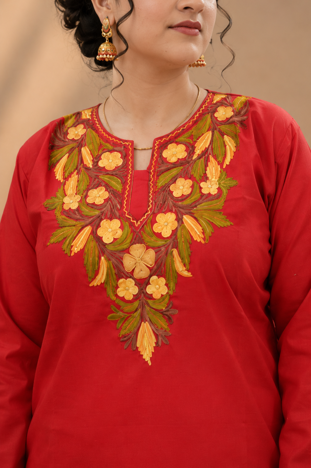 Aari Work Cord Set in Ruby Cotton with Floral Motifs