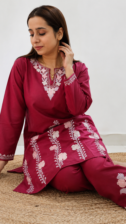 Thari Daman Aari Work Cord Set in Rich Wine Cotton