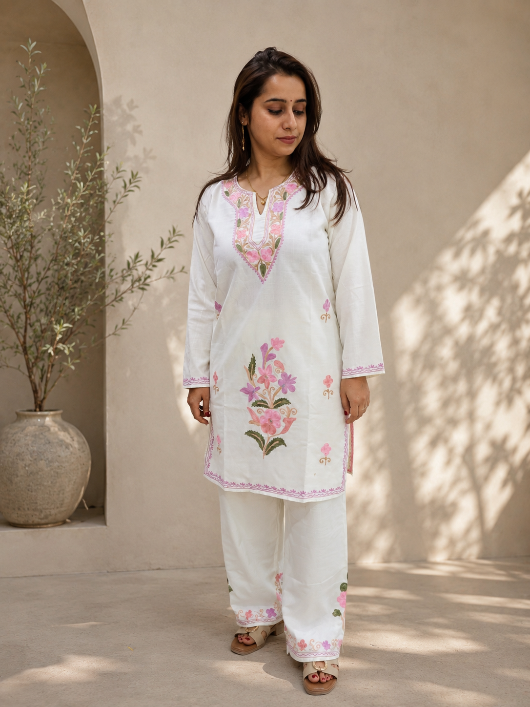 Flower Daman Aari Work Cord Set in Ruby Cotton
