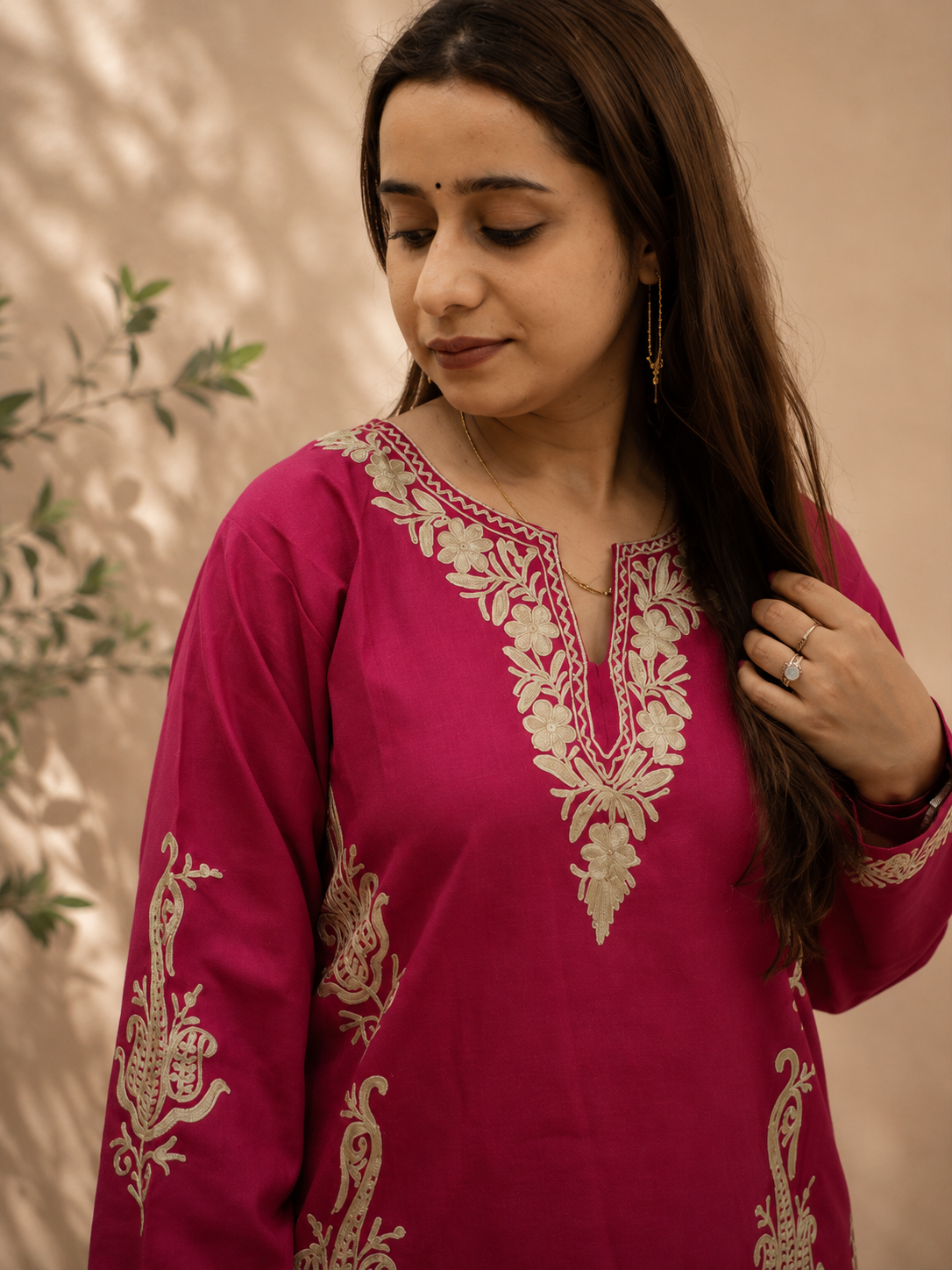 Badami Side Aari Work Cord Set in Dark Pink Ruby Cotton