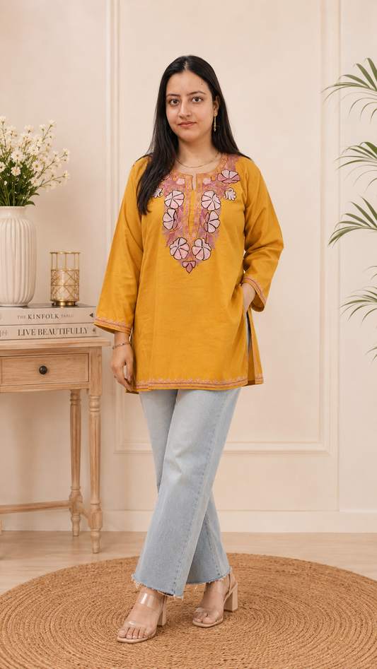 Golden Pink Aari Work Short Kurti in Ruby Cotton
