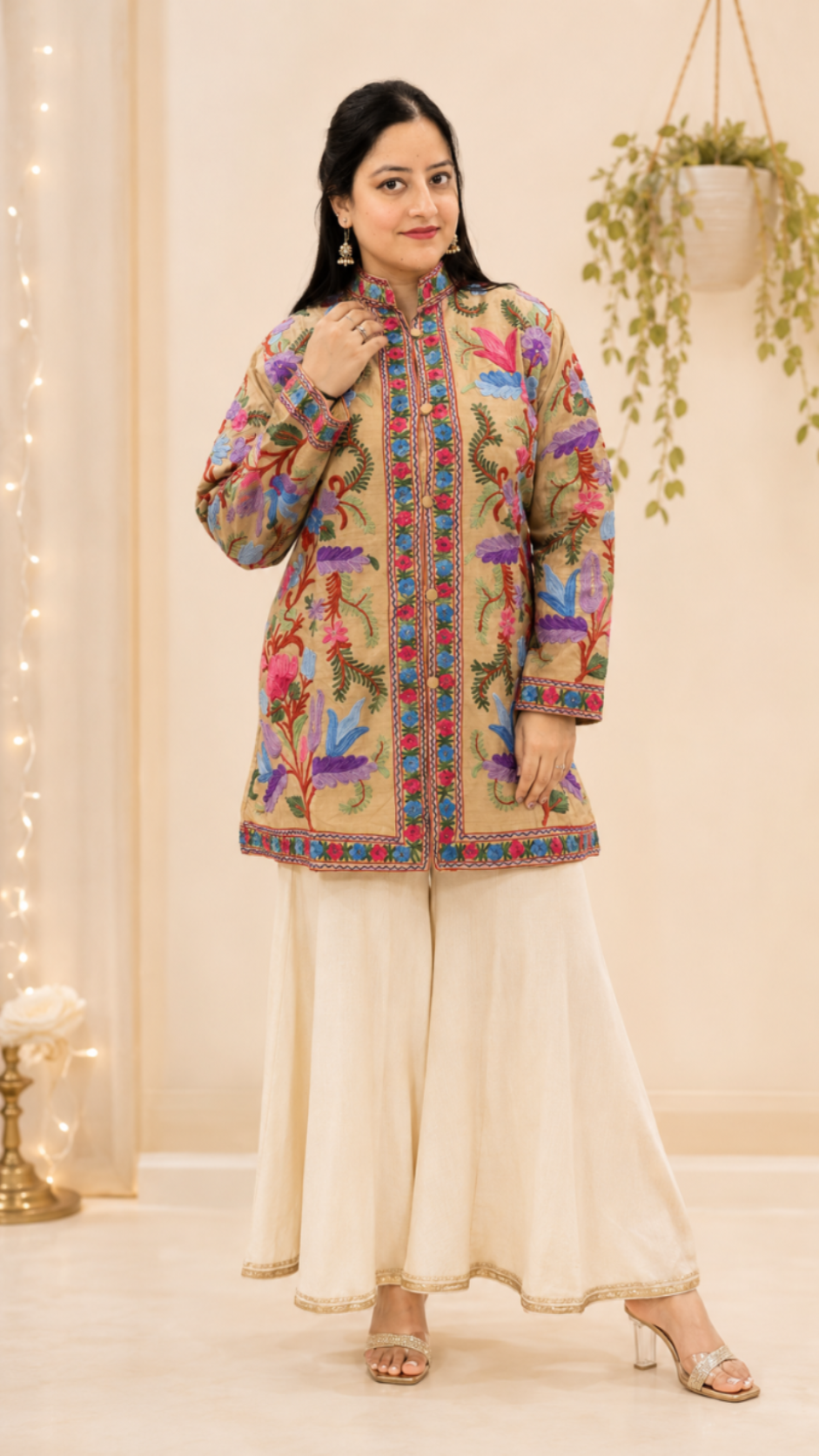 Handcrafted Aari Work Coat in Beige Silk with Floral Motifs