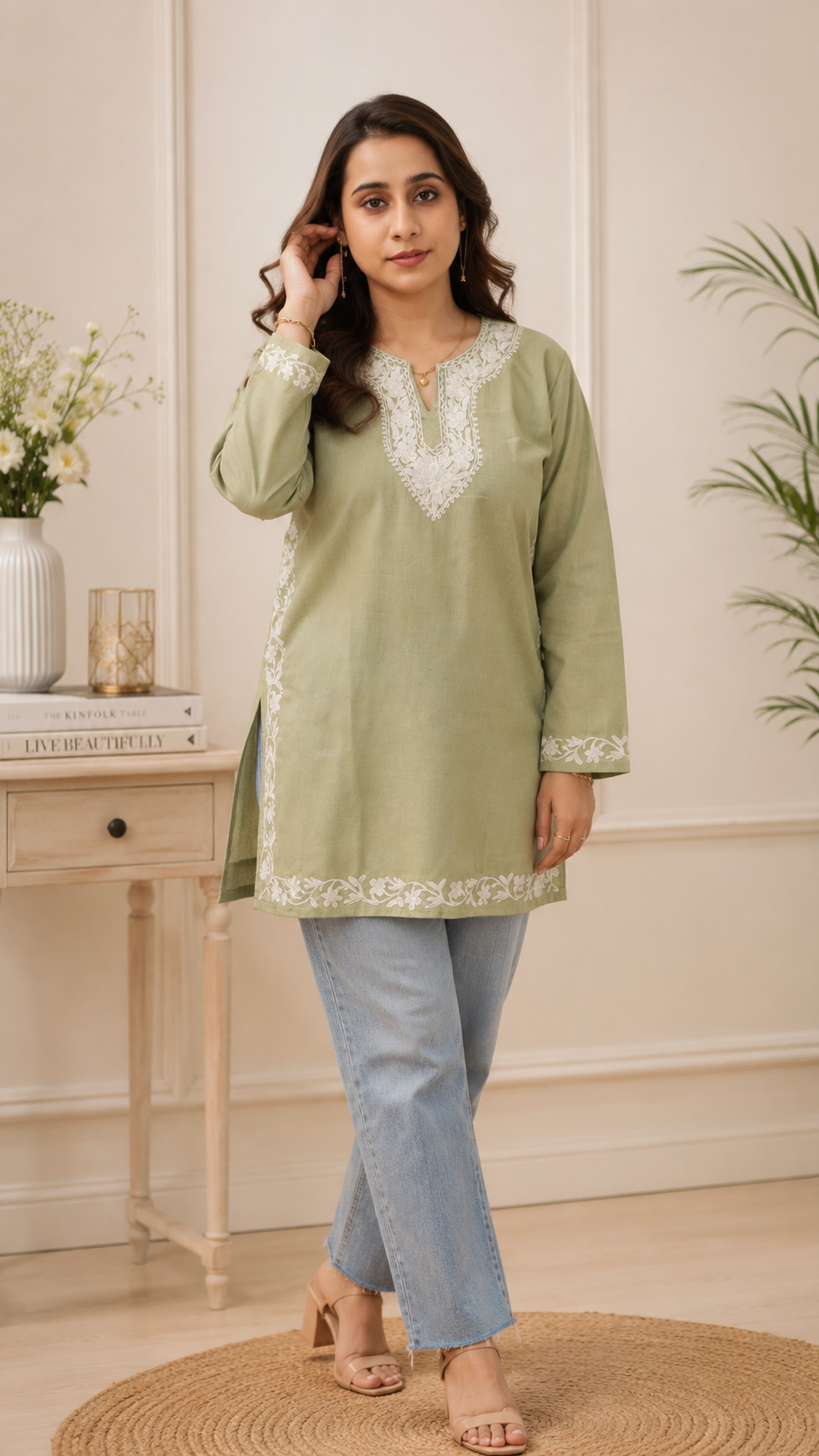Handcrafted Aari Work Short Kurti in Green Blue Ruby Cotton