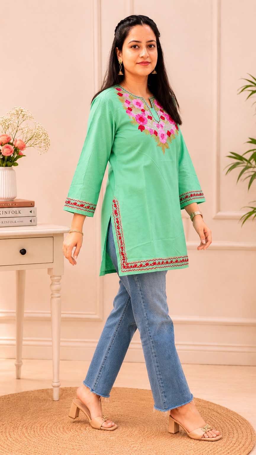 Golden Red Pink Aari Work Short Kurti in Ruby Cotton