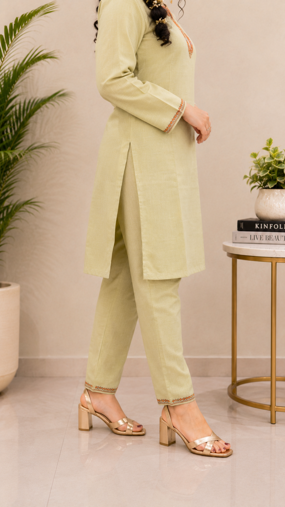 Sozni Handwork Cord Set in Light Green Ruby Cotton