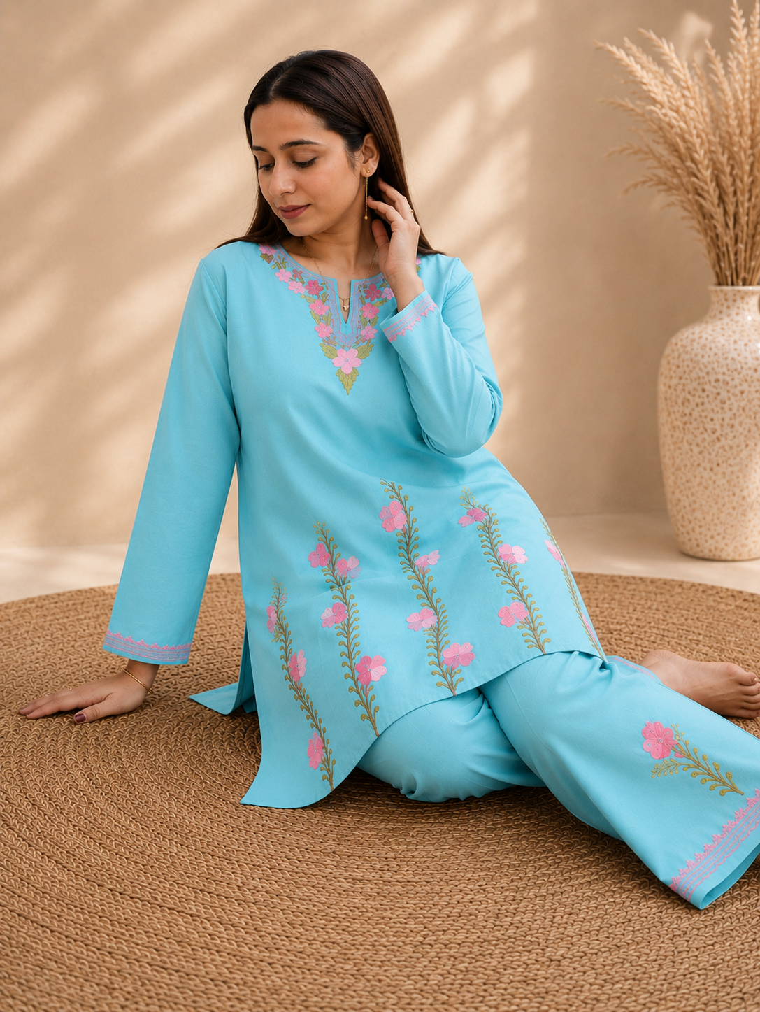 Thari Daman Aari Work Cord Set in Sea Blue Ruby Cotton