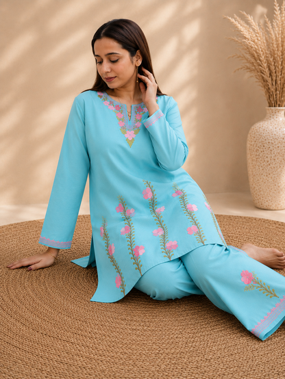 Thari Daman Aari Work Cord Set in Sea Blue Ruby Cotton