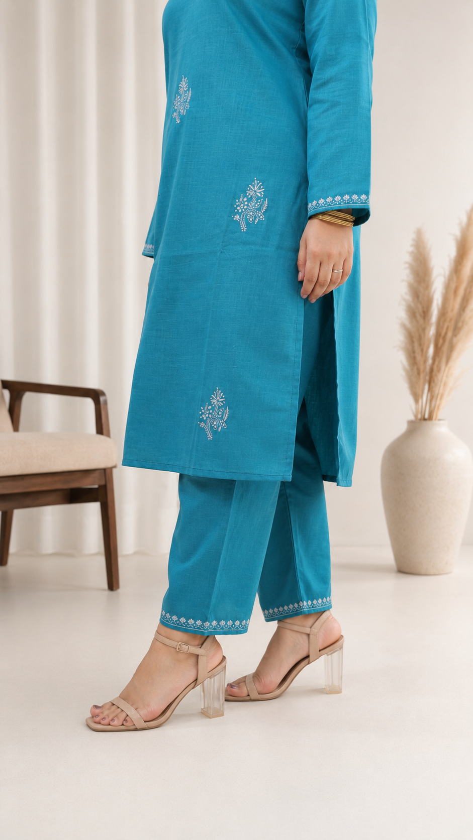 Teal Sozni Handwork Cord Set in Ruby Cotton