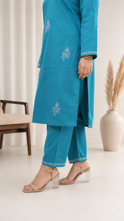 Teal Sozni Handwork Cord Set in Ruby Cotton