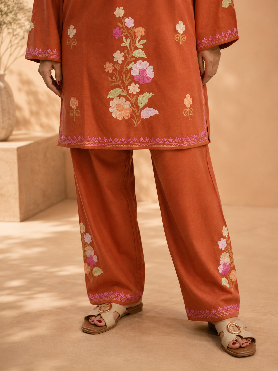 Rust Cotton Cord Set with Exquisite Flower Daman Aari Work