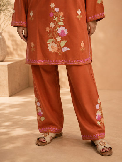 Rust Cotton Cord Set with Exquisite Flower Daman Aari Work