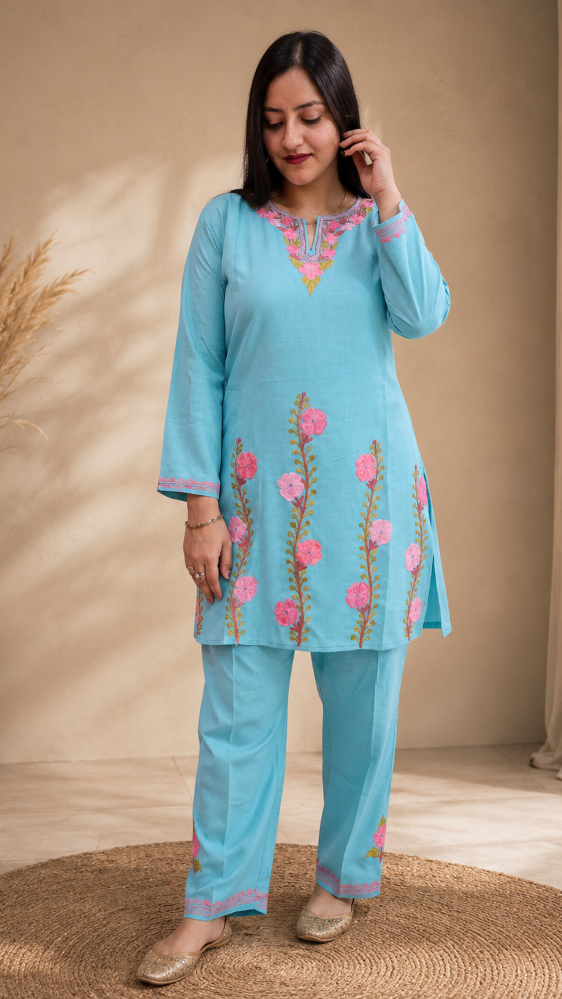 Thari Daman Aari Work Cord Set in Sea Blue Ruby Cotton