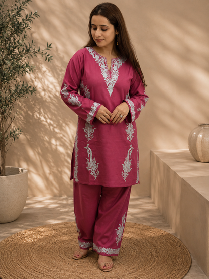 Light Pink Badami Side Aari Work Cord Set in Ruby Cotton