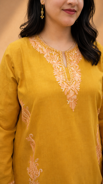 Badami Aari Work Cord Set in Ruby Cotton with Golden Embroidery