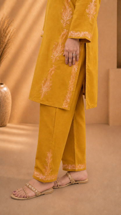 Badami Aari Work Cord Set in Ruby Cotton with Golden Embroidery