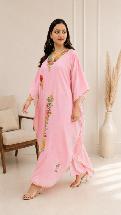 Light Pink Crushed Cotton Kaftan with Aari Work