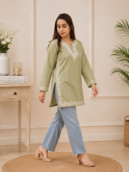 Handcrafted Aari Work Short Kurti in Green Blue Ruby Cotton