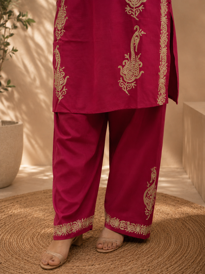 Badami Side Aari Work Cord Set in Dark Pink Ruby Cotton