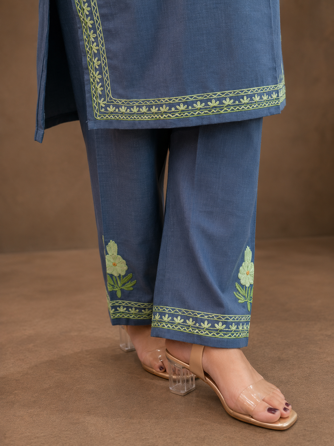 Intricately Crafted Aari Work Cord Set in Grey Green
