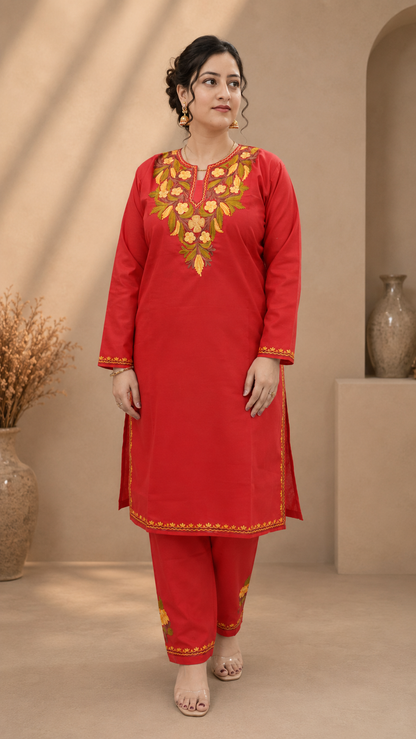 Aari Work Cord Set in Ruby Cotton with Floral Motifs