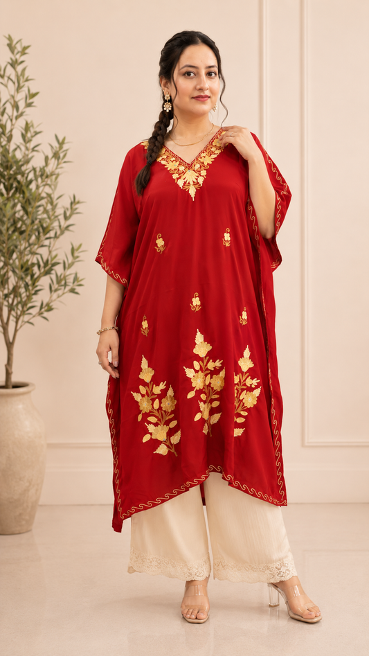 Aari Work Crepe Kaftan in Vibrant Red
