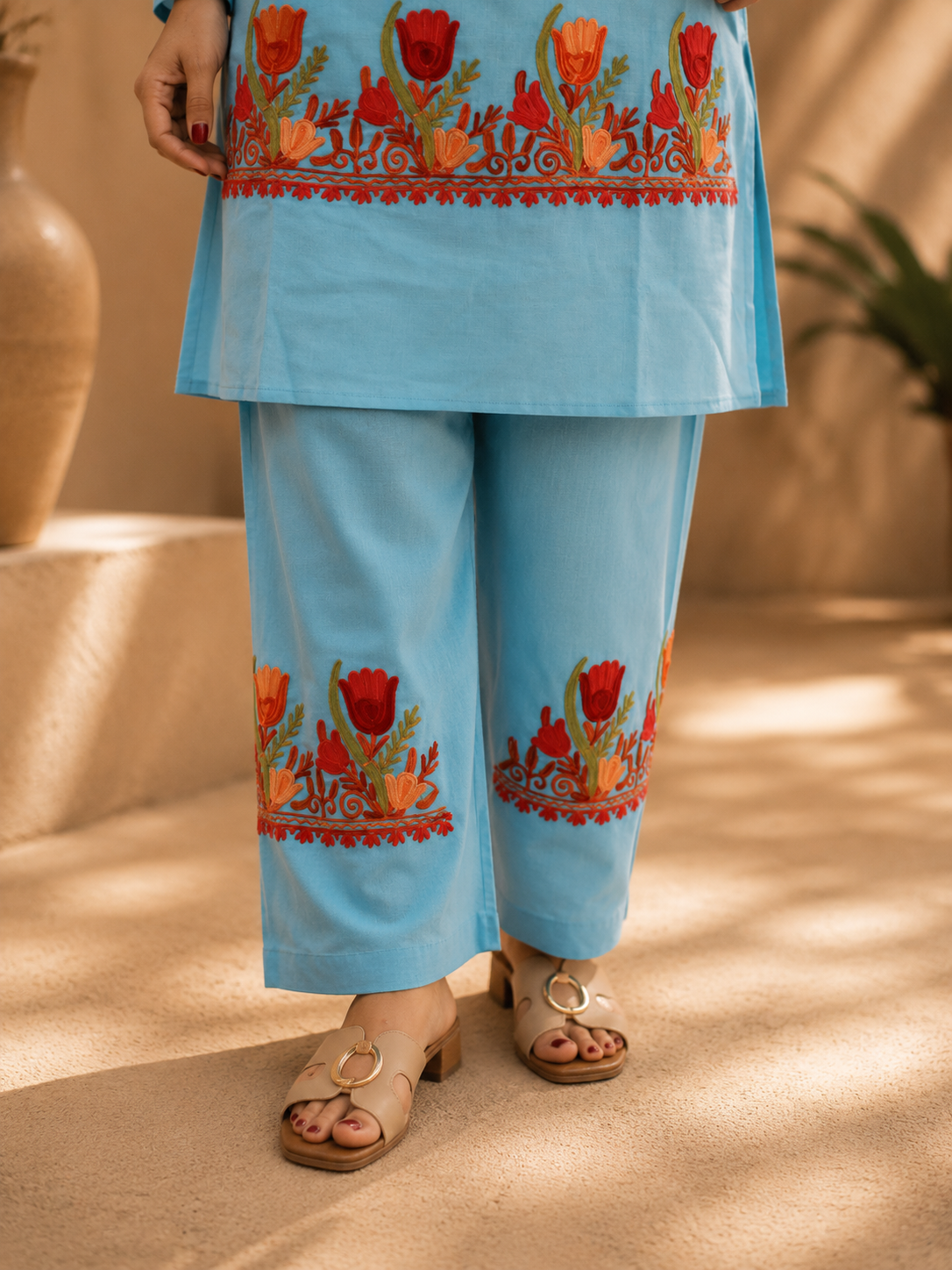 Sea Blue Tulip Aari Work Cord Set in Ruby Cotton