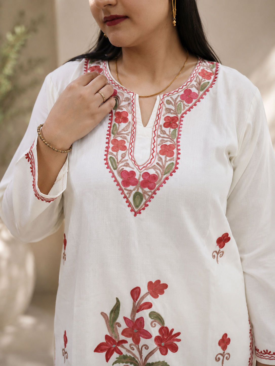 Flower Daman Aari Work Cord Set in Ruby Cotton