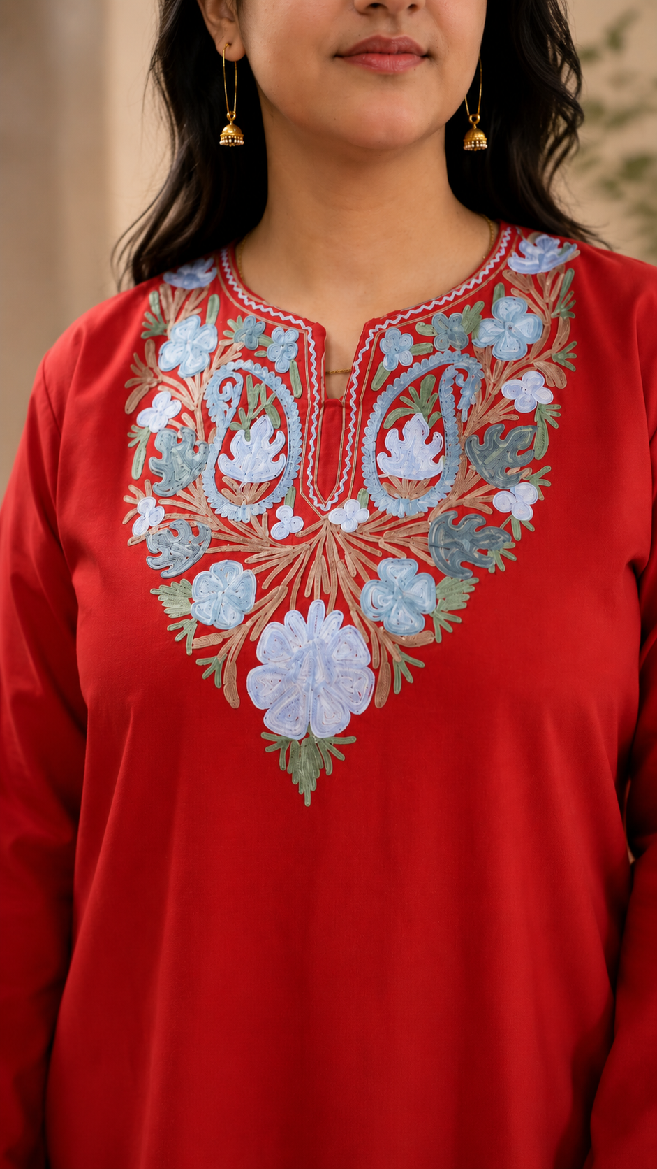 Aari Work Long Kurti in Ruby Cotton with Floral Motifs