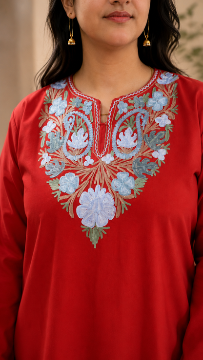 Aari Work Long Kurti in Ruby Cotton with Floral Motifs