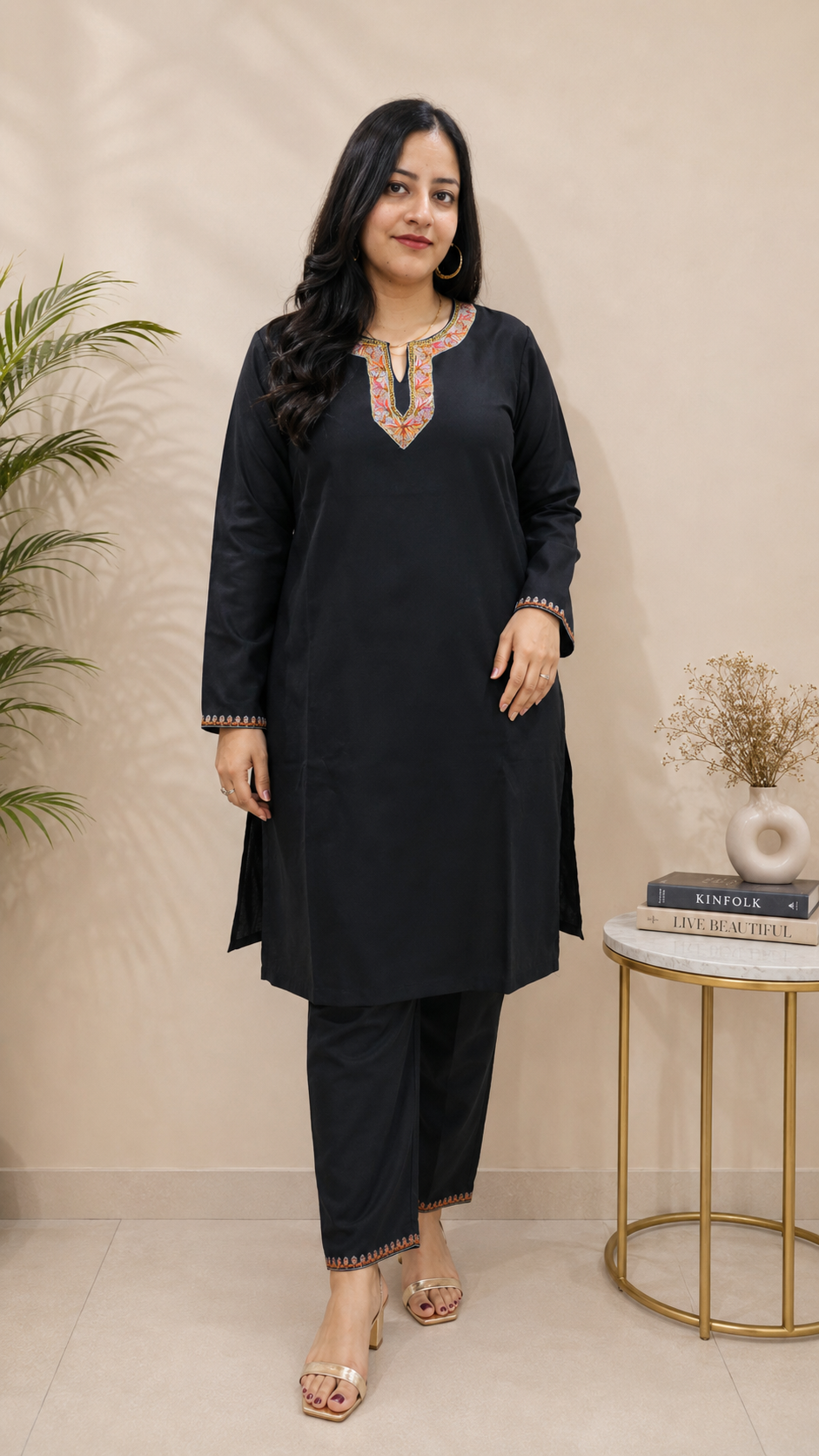 Sozni Handwork Cord Set in Black Ruby Cotton from Kashmir