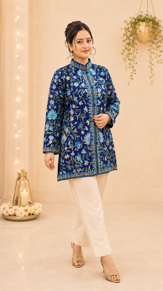 Navy Blue Aari Work Coat with Intricate Floral Motifs