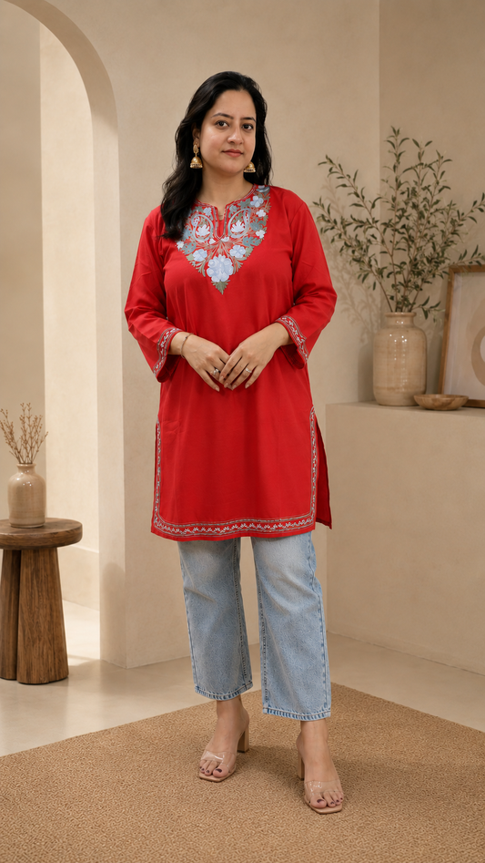 Aari Work Long Kurti in Ruby Cotton with Floral Motifs